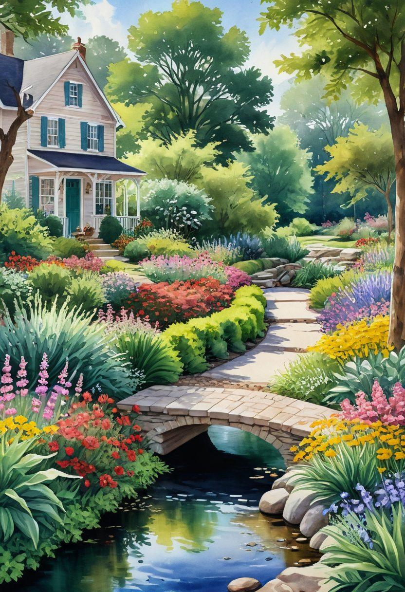 A serene landscape featuring a vibrant garden full of flourishing plants, colorful flowers, and a flowing stream, with people practicing yoga and mindfulness among nature. Include solar panels and a bicycle to represent eco-friendliness. The atmosphere should be bright and cheerful, fostering a sense of peace and joy. watercolor painting. vibrant colors.