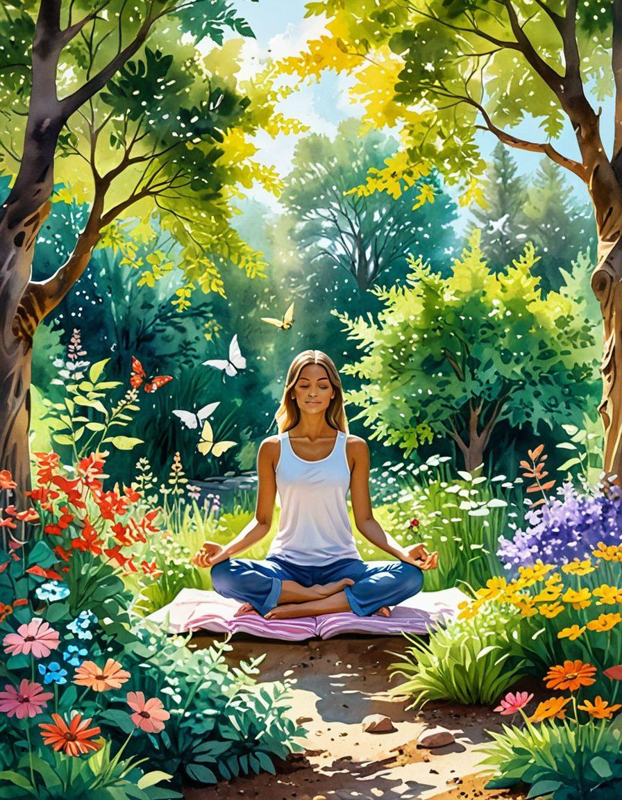 A serene landscape featuring a peaceful person meditating in nature, surrounded by vibrant trees and flowers, symbolizing mindfulness and joy. Soft rays of sunlight break through the foliage, illuminating the scene, while birds and butterflies flutter about, adding a touch of liveliness. Include elements of eco-friendliness, like a small garden or solar panels in the background. watercolor painting. vibrant colors.