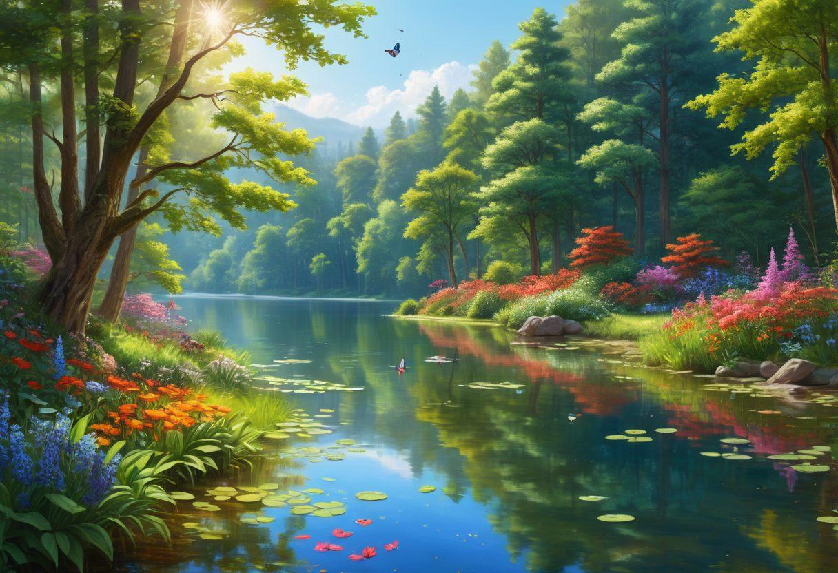 A serene landscape depicting a lush green forest with sunlight filtering through the tall trees, vibrant flowers in full bloom, and a tranquil lake reflecting the blue sky. In the foreground, a diverse group of people practicing yoga and meditation, embodying cheerful harmony with nature. Gentle wildlife, like butterflies and singing birds, enhance the peaceful ambiance. super-realistic. vibrant colors. peaceful atmosphere.